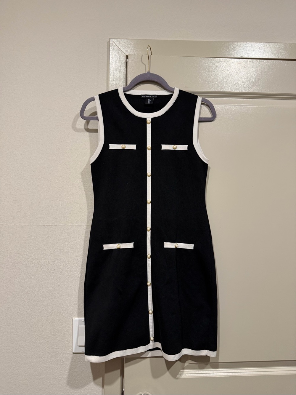 Sincerely Jules Black Sleeveless Shift Dress with White Trim & Gold Buttons
